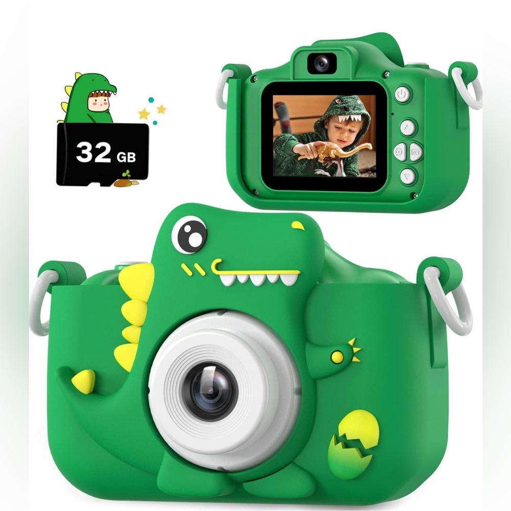 NIB Green Dinosaur Kids Camera, for Girls Boys  1080P HD Selfie Digital Video